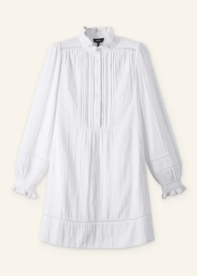 Women Cheesecloth Trim Detail Short Swing Dress Soft White MEEM