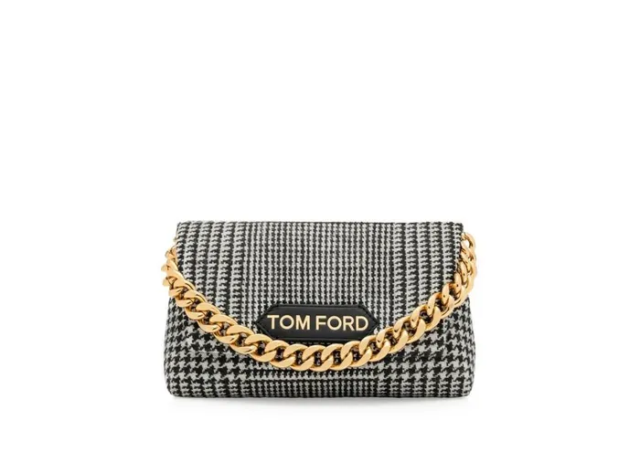 Women Clutches Tom Ford Prince Of Wales Wool Label Mini Chain Bag Black Chalk