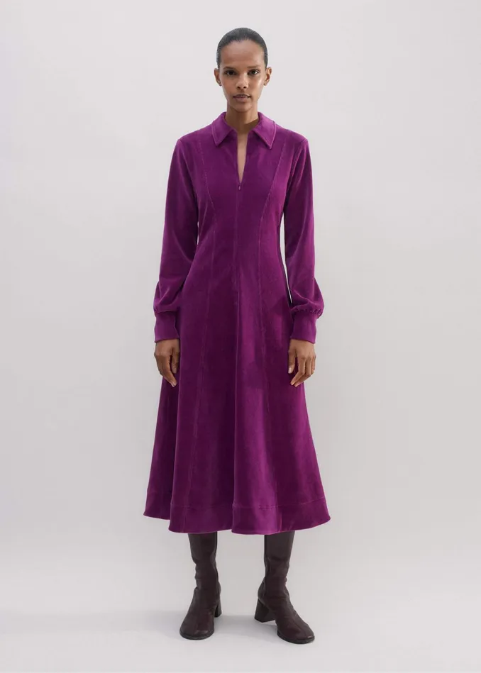 Women Cord Velour Fit And Flare Midi Dress Deep Winter Iris MEEM
