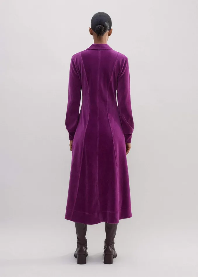 Women Cord Velour Fit And Flare Midi Dress Deep Winter Iris MEEM