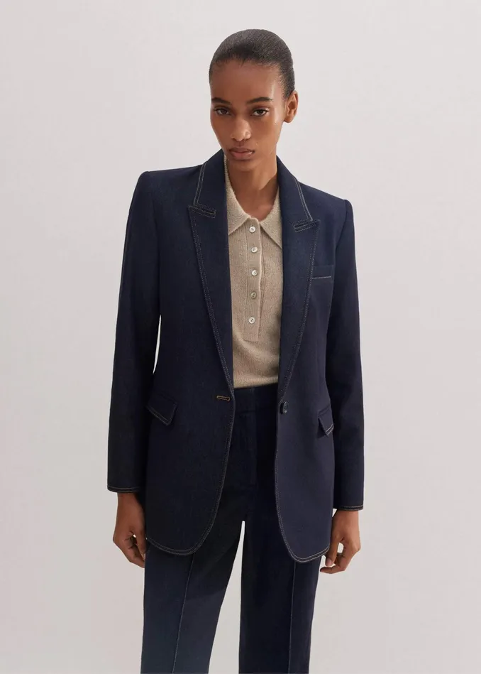 Women Cotton Blend Denim Sharp Shoulder Blazer Indigo MEEM