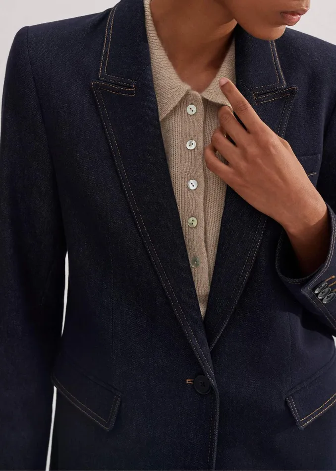 Women Cotton Blend Denim Sharp Shoulder Blazer Indigo MEEM