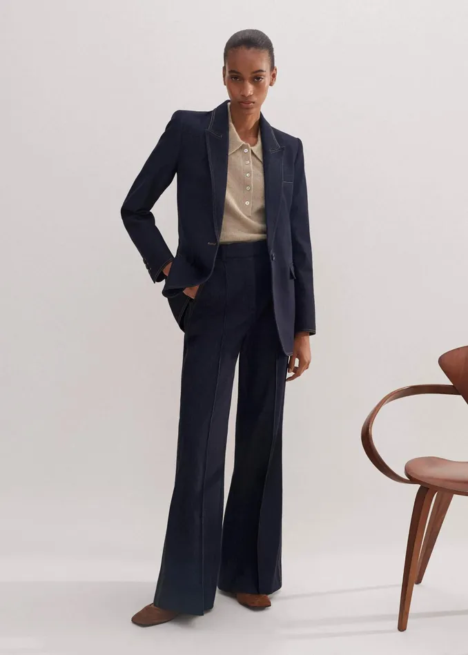 Women Cotton Blend Denim Sharp Shoulder Blazer Indigo MEEM