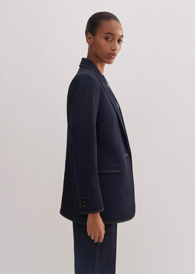 Women Cotton Blend Denim Sharp Shoulder Blazer Indigo MEEM