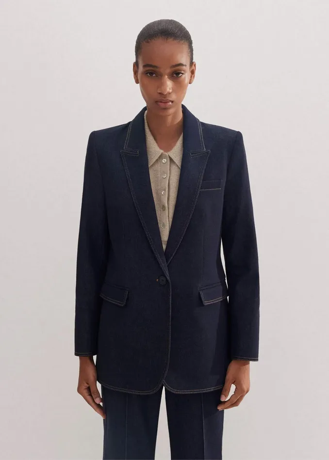 Women Cotton Blend Denim Sharp Shoulder Blazer Indigo MEEM