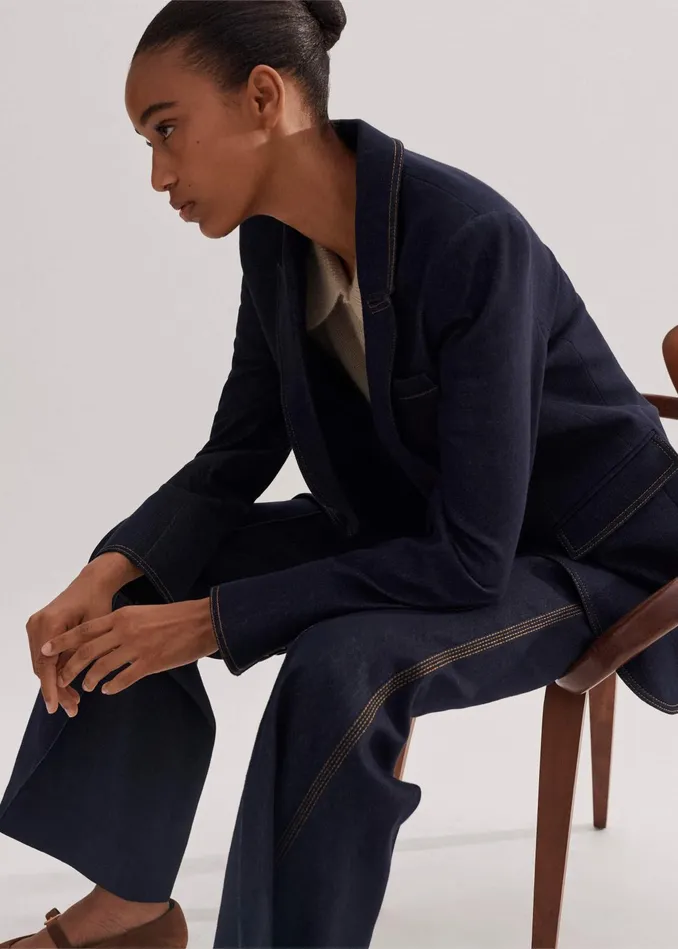 Women Cotton Blend Denim Sharp Shoulder Blazer Indigo MEEM