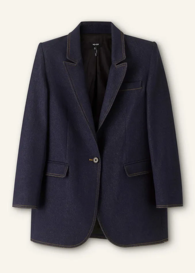 Women Cotton Blend Denim Sharp Shoulder Blazer Indigo MEEM
