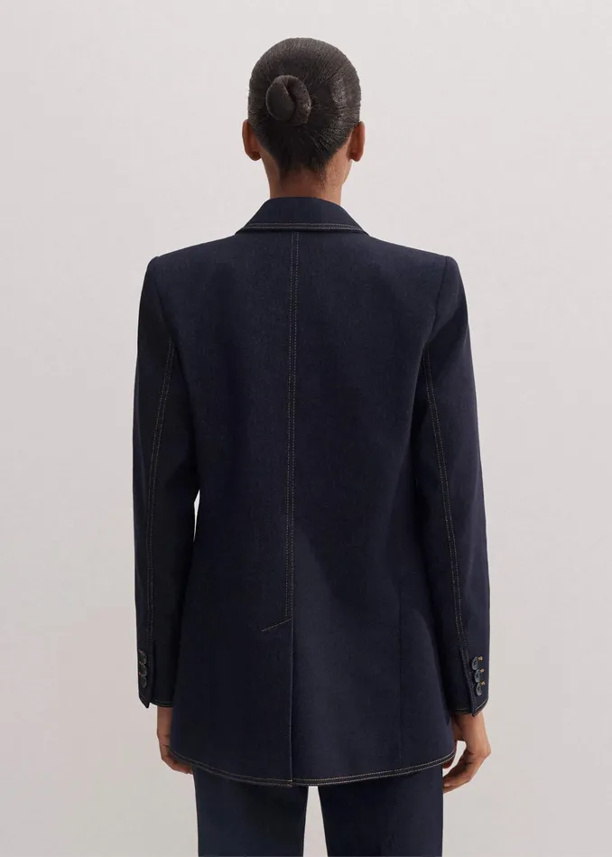 Women Cotton Blend Denim Sharp Shoulder Blazer Indigo MEEM