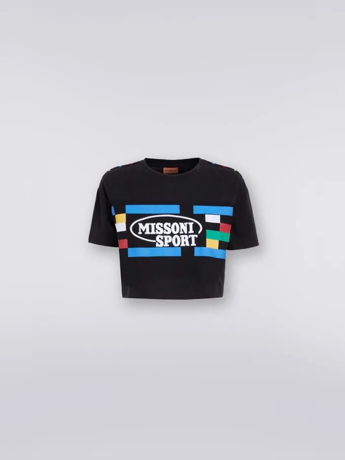 Women Cotton Crop Top With Legacy Logo Print And Embroidery Black and Multicoloured Missoni Sport Women Cotton Crop Top With Legacy Logo Print And Embroidery Black and Multicoloured Missoni Sport