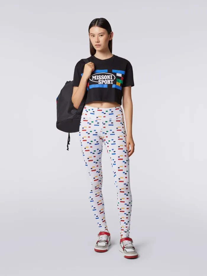 Women Cotton Crop Top With Legacy Logo Print And Embroidery Black and Multicoloured Missoni Sport