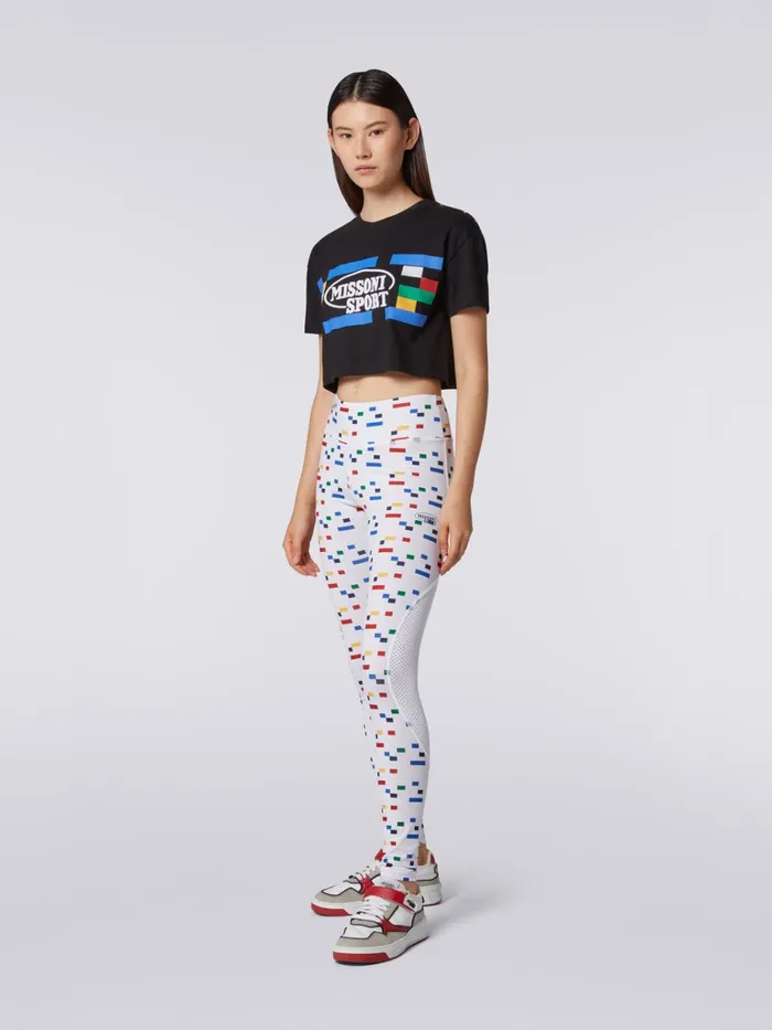 Women Cotton Crop Top With Legacy Logo Print And Embroidery Black and Multicoloured Missoni Sport