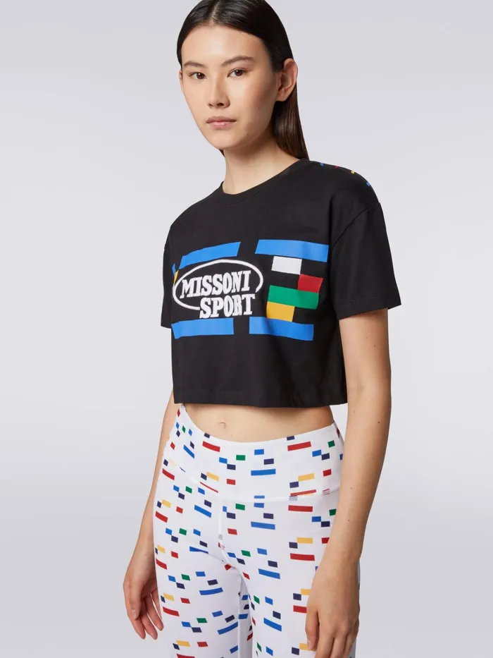 Women Cotton Crop Top With Legacy Logo Print And Embroidery Black and Multicoloured Missoni Sport