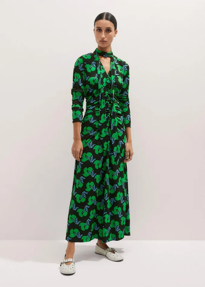 Women Crepe Birds Of Paradise Maxi Dress Belt Navyclover Greenblue MEEM