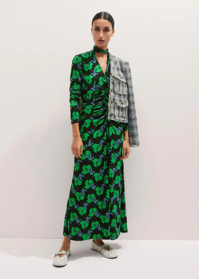 Women Crepe Birds Of Paradise Maxi Dress Belt Navyclover Greenblue MEEM