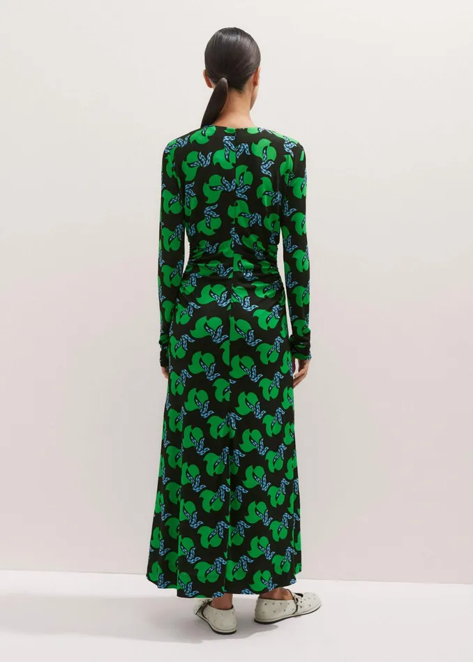 Women Crepe Birds Of Paradise Maxi Dress Belt Navyclover Greenblue MEEM