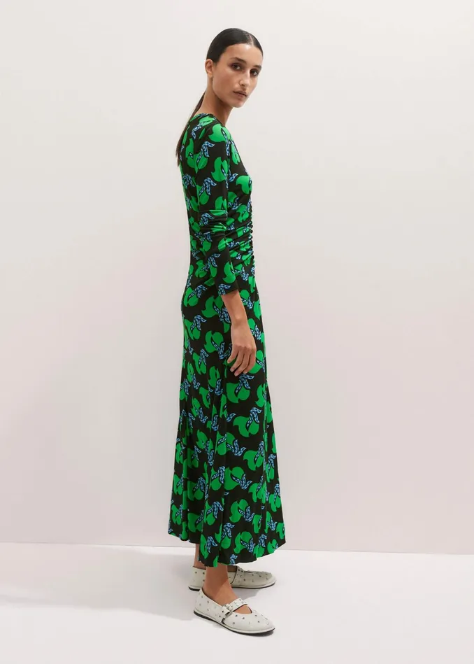 Women Crepe Birds Of Paradise Maxi Dress Belt Navyclover Greenblue MEEM
