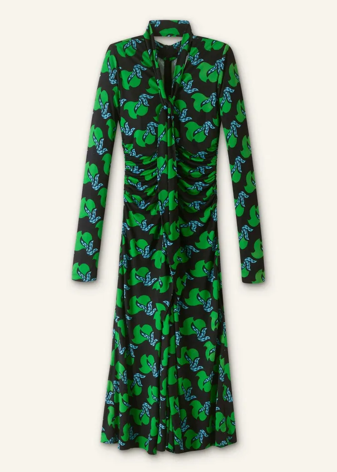 Women Crepe Birds Of Paradise Maxi Dress Belt Navyclover Greenblue MEEM