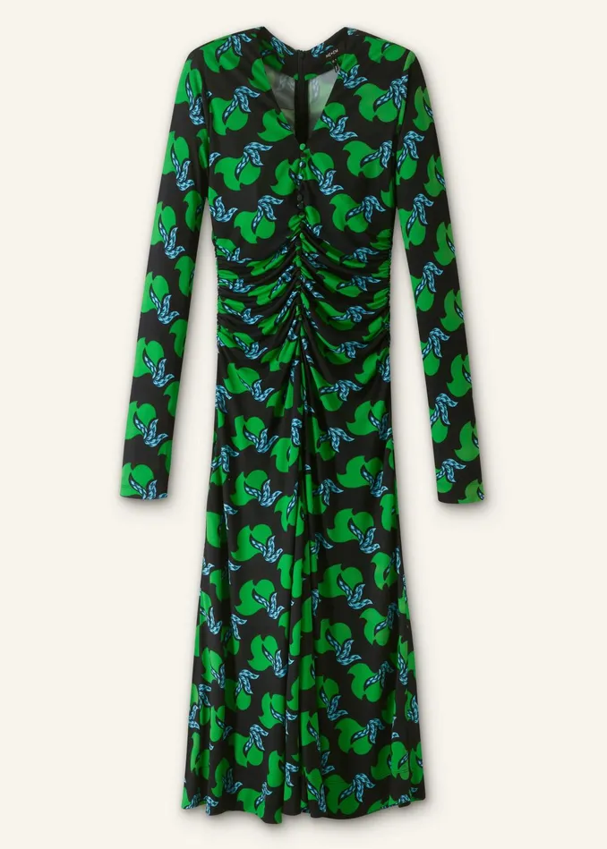 Women Crepe Birds Of Paradise Maxi Dress Belt Navyclover Greenblue MEEM