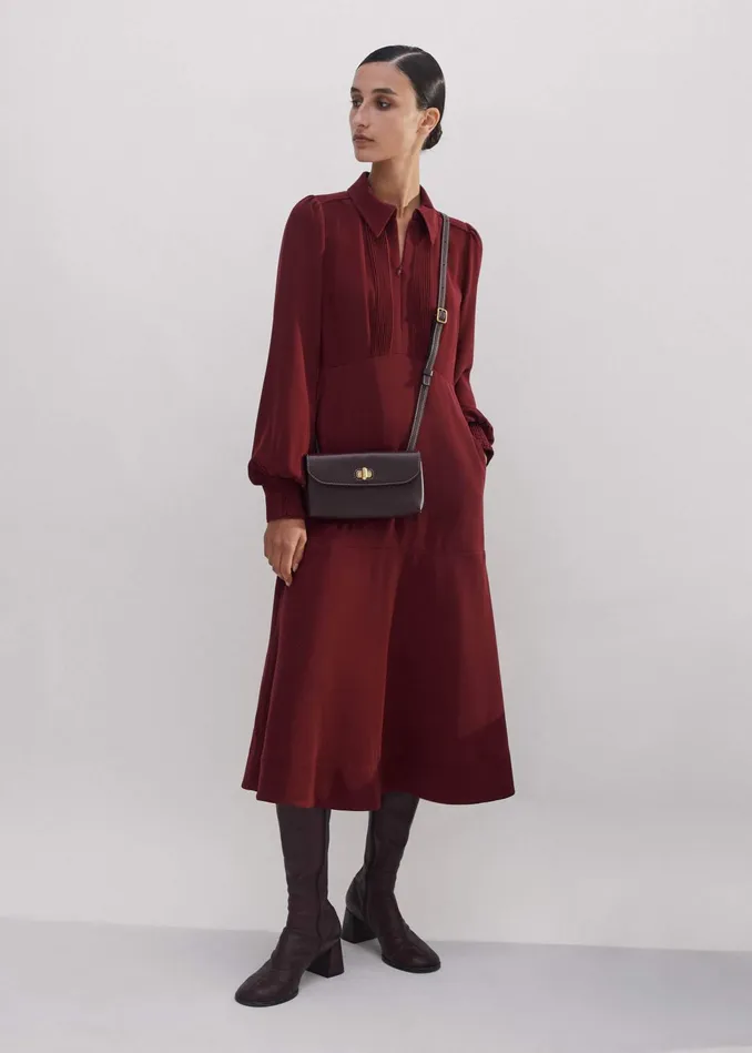 Women Crepe Pintuck Detail Midi Dress Intense Red MEEM