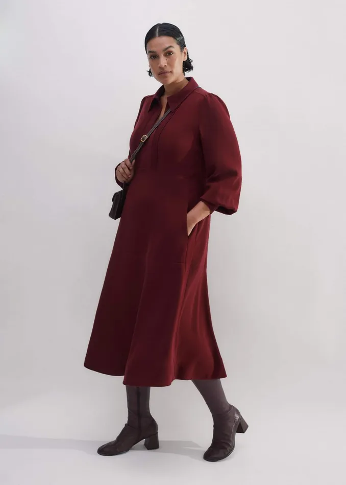 Women Crepe Pintuck Detail Midi Dress Intense Red MEEM
