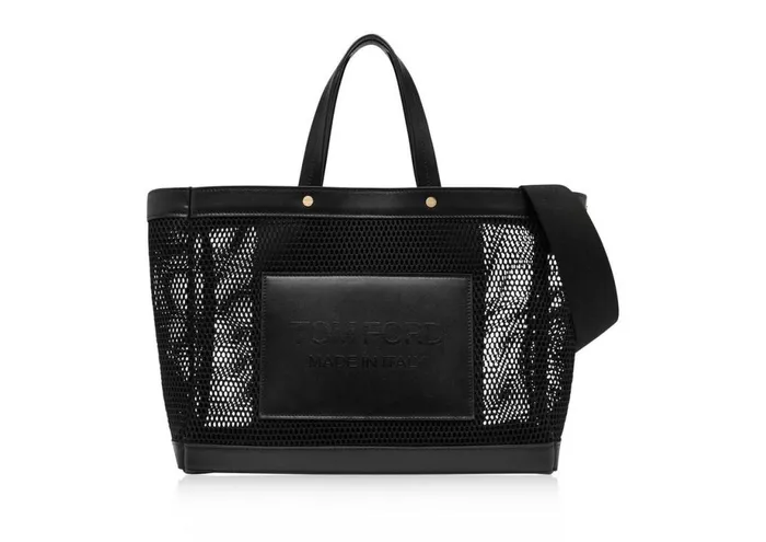 Women Cross Body Bags Tom Ford Mesh And Leather T Screw Small EW Shopping Bag Black
