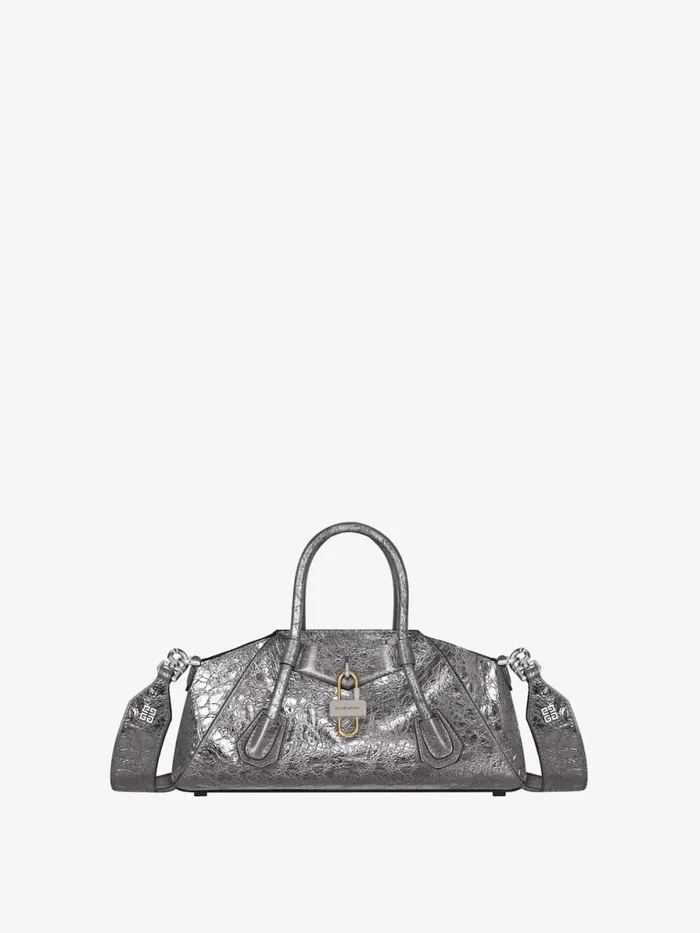 Women Crossbody Bags Givenchy Mini Antigona Stretch Bag In Laminated Leather Silvery Grey