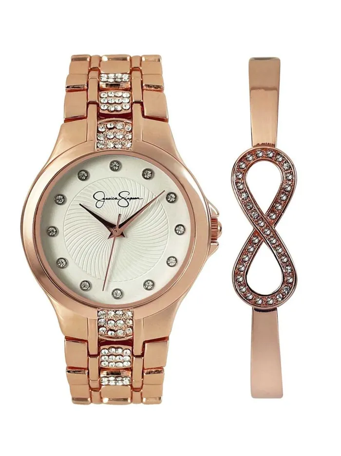 Women Crystal Watch and Infinity Bracelet Set In Rose Gold Tone Jessica Simpson Watches
