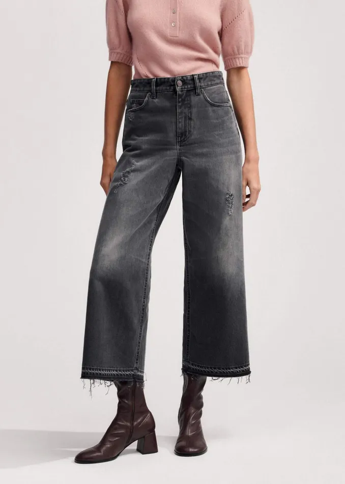 Women Distressed MidWaist Baggy Crop Jean Charcoal MEEM