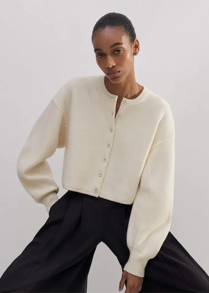 Women Dramatic Sleeve Crop Knit Jacket Cream MEEM
