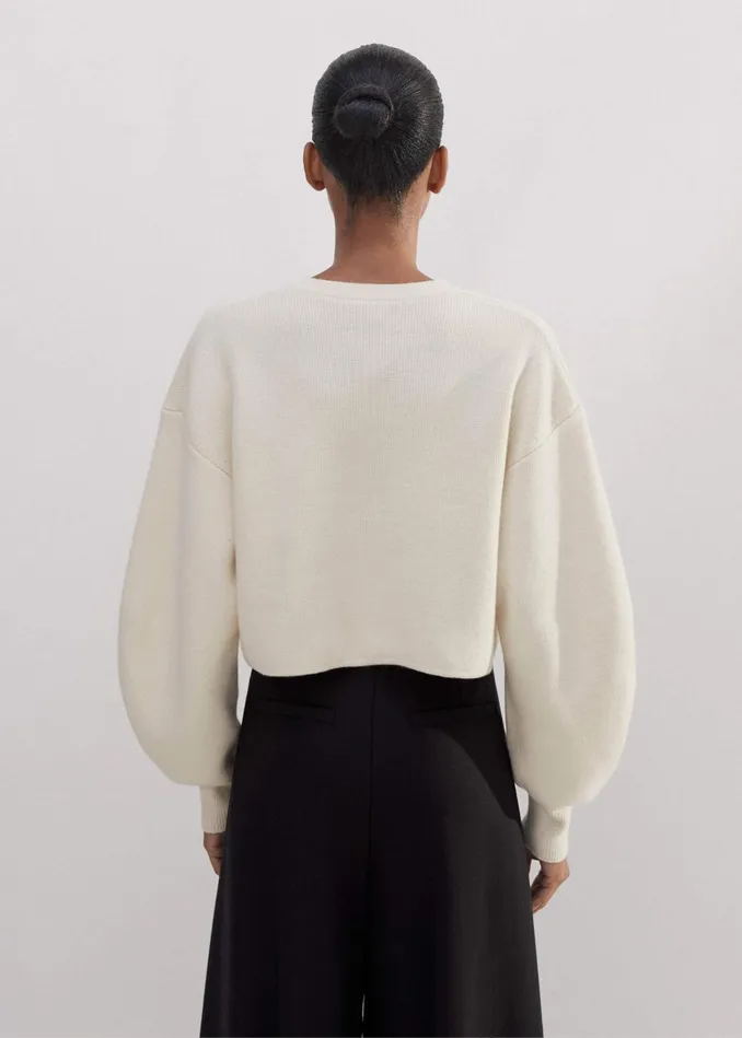 Women Dramatic Sleeve Crop Knit Jacket Cream MEEM