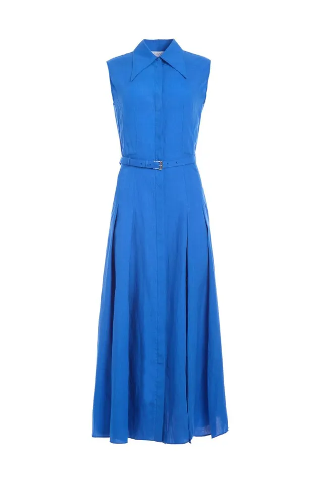 Women Dresses Gabriela Hearst Durand Pleated Shirtdress In Sapphire Aloe Linen