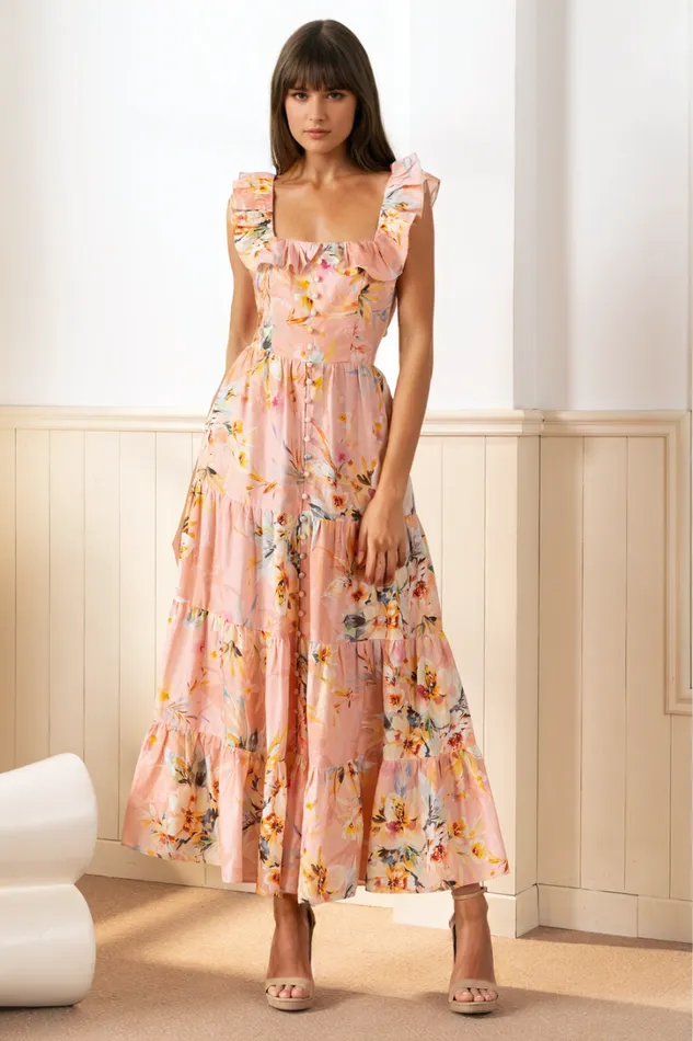 Women Dresses YUMI KIM Madison Floral Linen Midi Dress Linen Dress Destiny Delight Blush