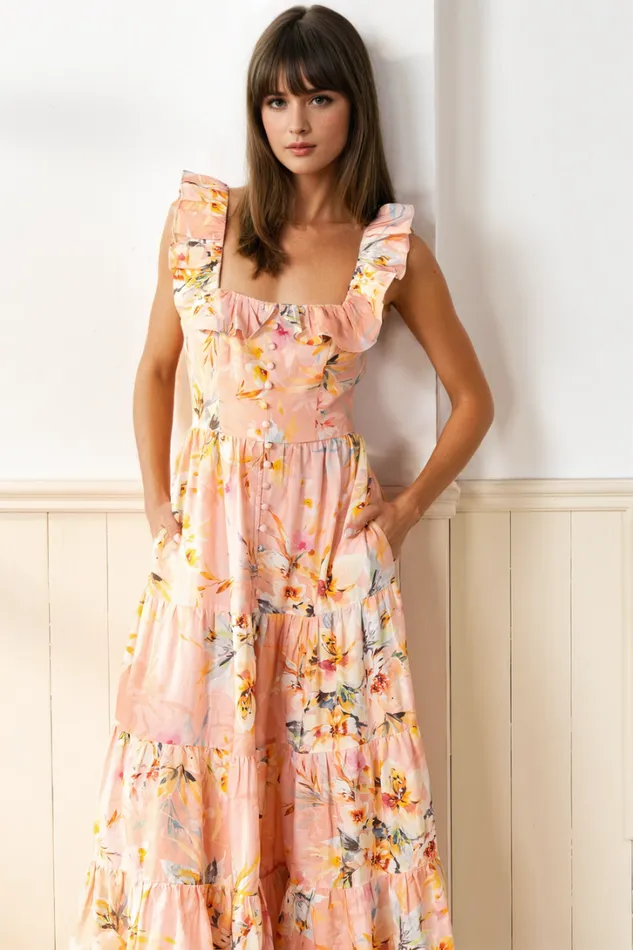 Women Dresses YUMI KIM Madison Floral Linen Midi Dress Linen Dress Destiny Delight Blush