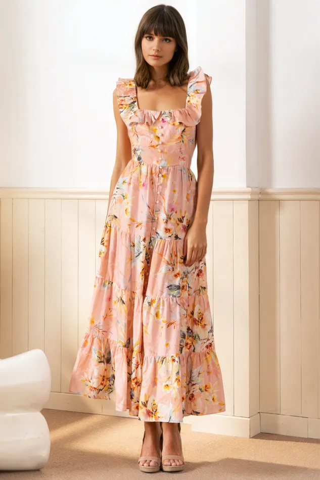 Women Dresses YUMI KIM Madison Floral Linen Midi Dress Linen Dress Destiny Delight Blush