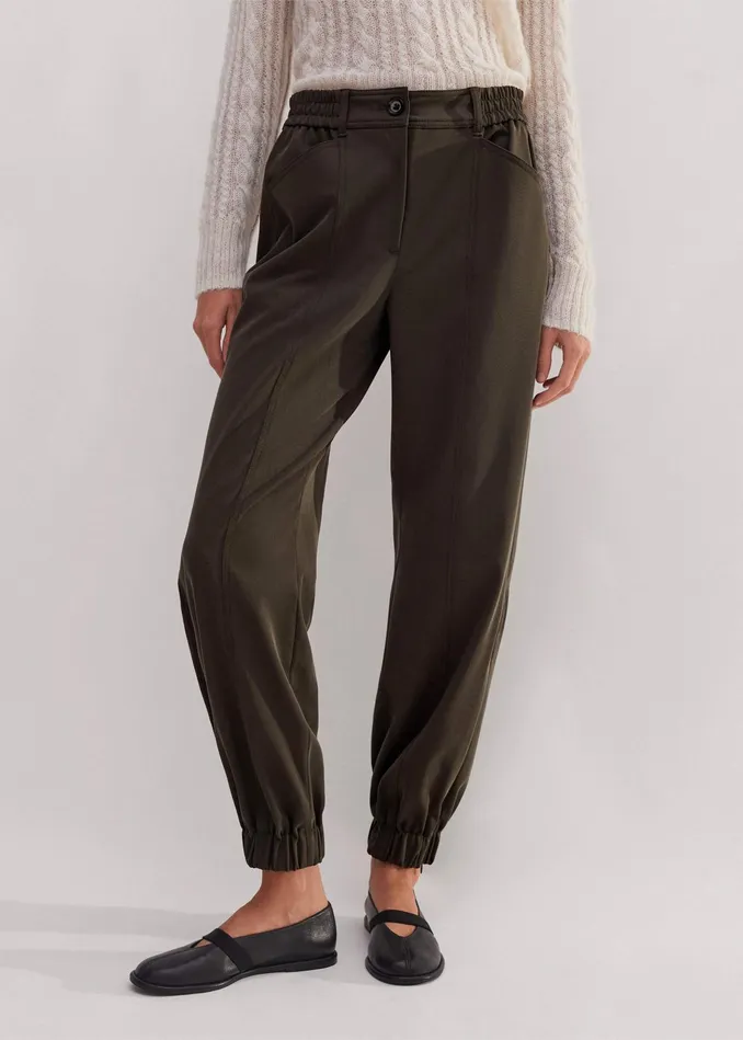 Women Elasticated Waist Tapered Pant Wren Green MEEM