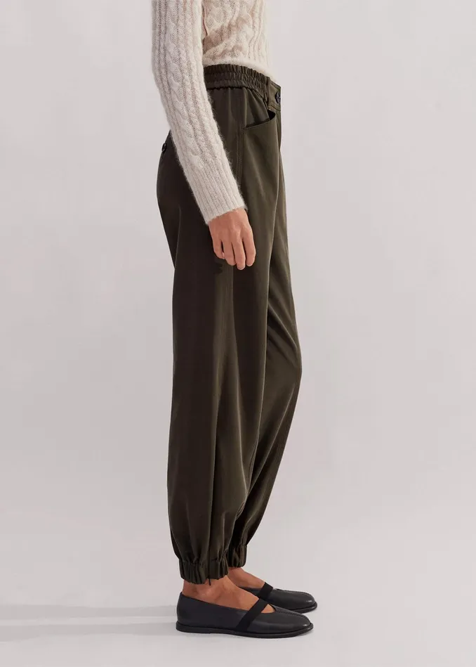 Women Elasticated Waist Tapered Pant Wren Green MEEM