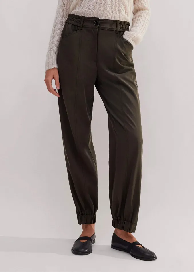 Women Elasticated Waist Tapered Pant Wren Green MEEM