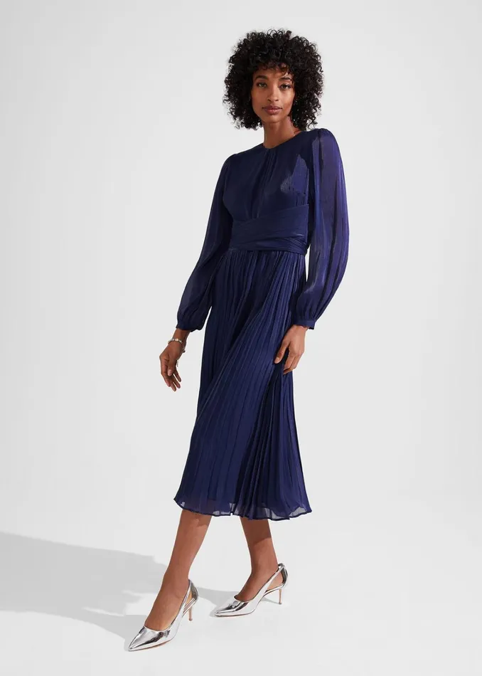 Women Elina Metallic Pleated Dress Midnight Navy Hobbs Dresses and Jumpsuits