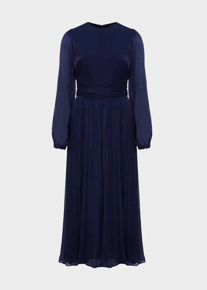Women Elina Metallic Pleated Dress Midnight Navy Hobbs Dresses and Jumpsuits