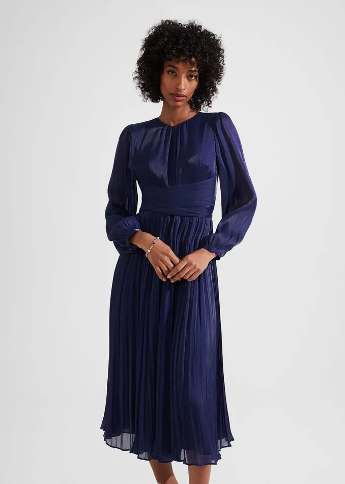 Women Elina Metallic Pleated Dress Midnight Navy Hobbs Dresses and Jumpsuits