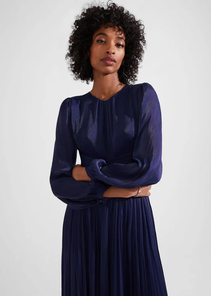 Women Elina Metallic Pleated Dress Midnight Navy Hobbs Dresses and Jumpsuits