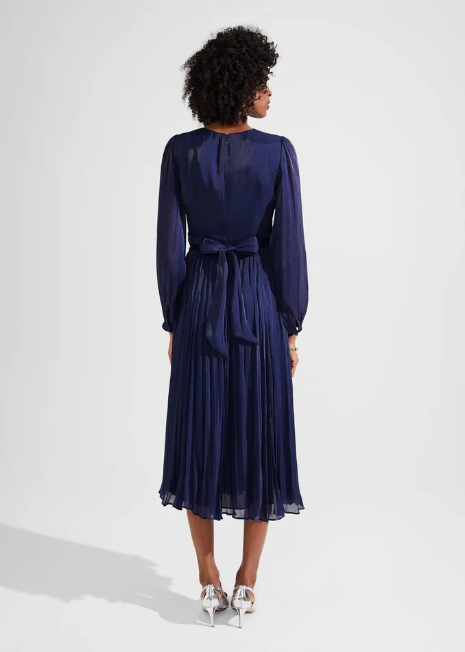 Women Elina Metallic Pleated Dress Midnight Navy Hobbs Dresses and Jumpsuits