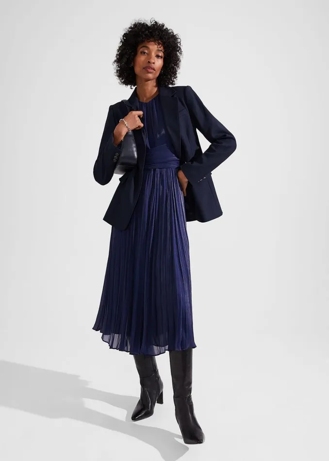 Women Elina Metallic Pleated Dress Midnight Navy Hobbs Dresses and Jumpsuits