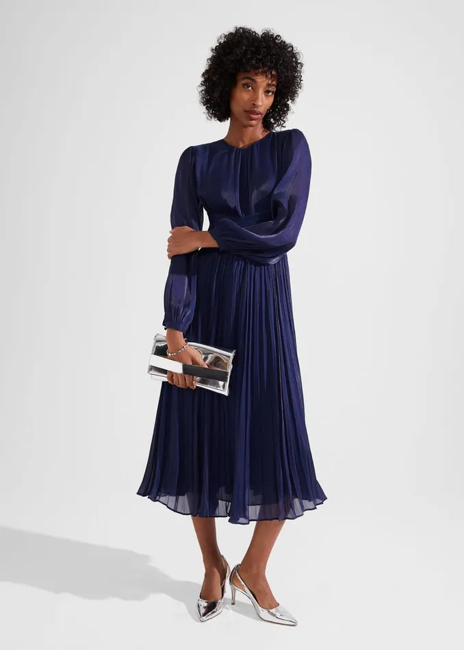 Women Elina Metallic Pleated Dress Midnight Navy Hobbs Dresses and Jumpsuits