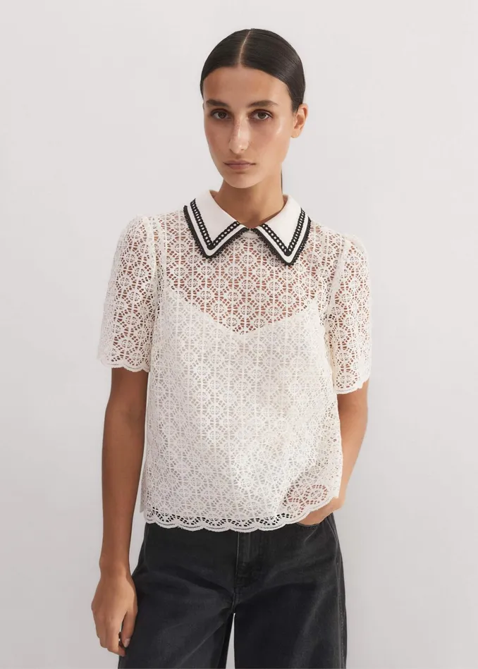 Women Evening Lace Short Sleeve Top Cami Creamblack MEEM
