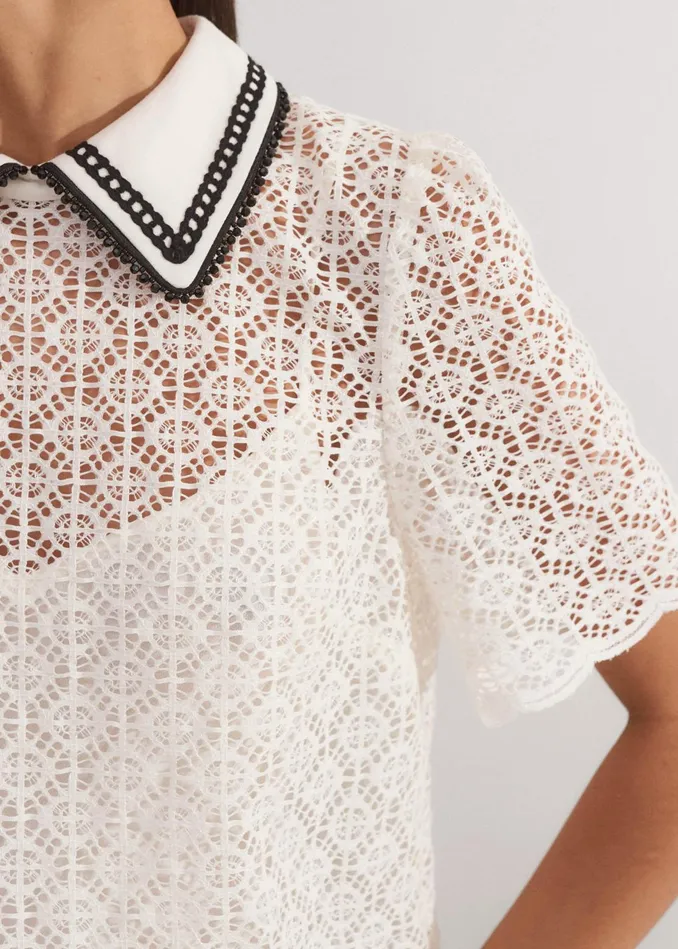Women Evening Lace Short Sleeve Top Cami Creamblack MEEM