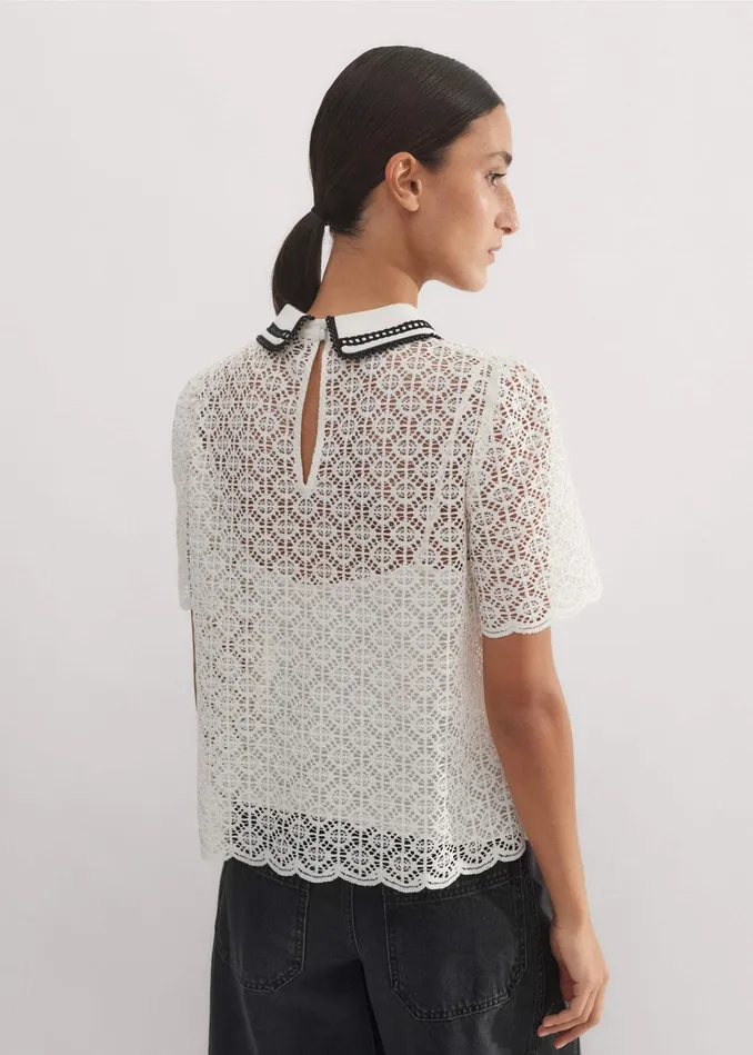 Women Evening Lace Short Sleeve Top Cami Creamblack MEEM