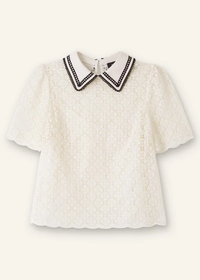 Women Evening Lace Short Sleeve Top Cami Creamblack MEEM