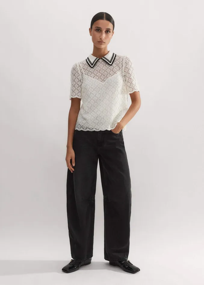 Women Evening Lace Short Sleeve Top Cami Creamblack MEEM