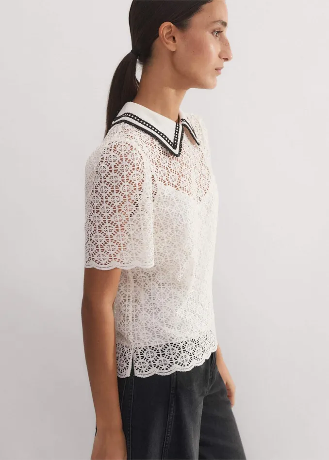 Women Evening Lace Short Sleeve Top Cami Creamblack MEEM